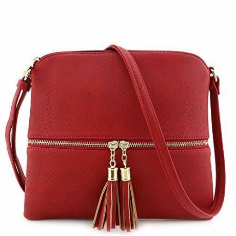Ελαφριά μεσαία τσάντα χιαστί με κόκκινη φούντα